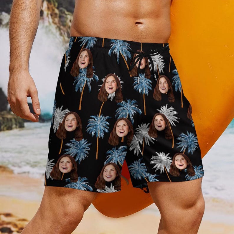 Custom Photo Face Tropical Swim Trunks, Personalized Mens Flamingo Palm Board Shorts, Custom Beach Shorts