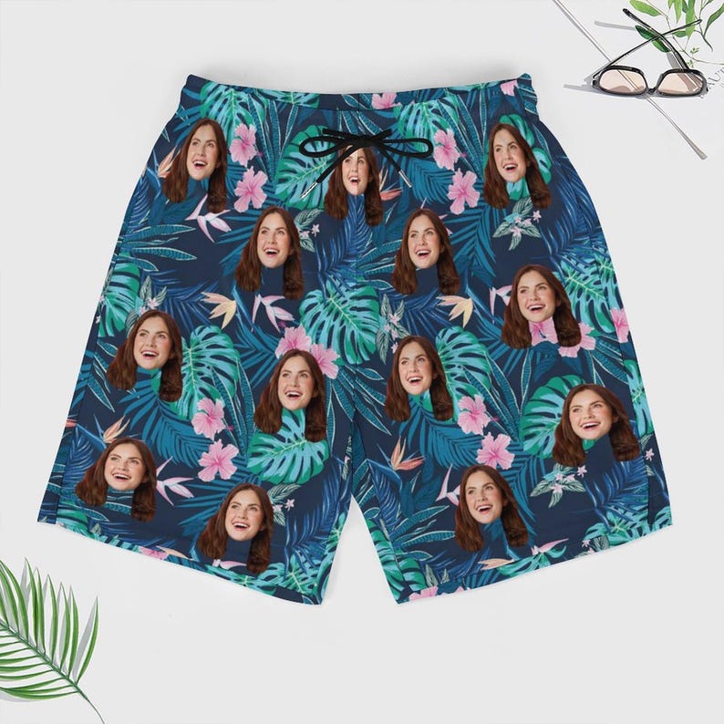 Custom Photo Face Tropical Swim Trunks, Personalized Mens Flamingo Palm Board Shorts, Custom Beach Shorts