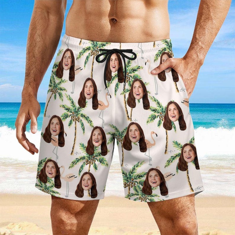 Custom Photo Face Tropical Swim Trunks, Personalized Mens Flamingo Palm Board Shorts, Custom Beach Shorts