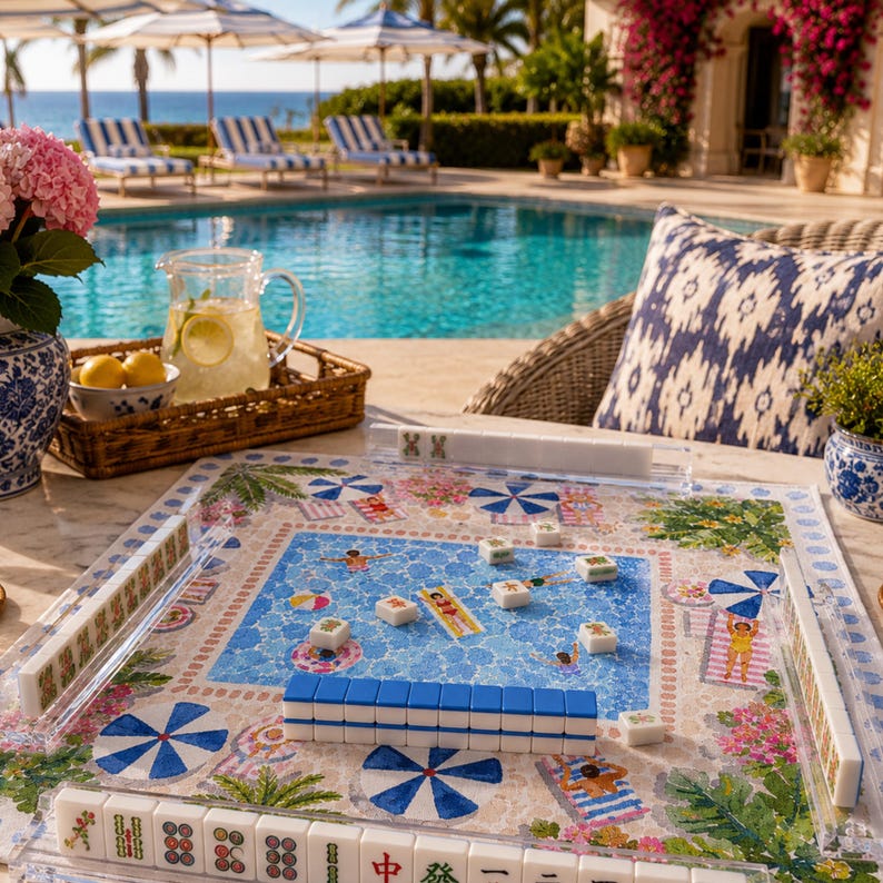 Sunny Poolside Resort Mahjong Mat, American Mahjong Mat, Palm Beach Pool Garden, Summer Swim Club Mahjong Gift