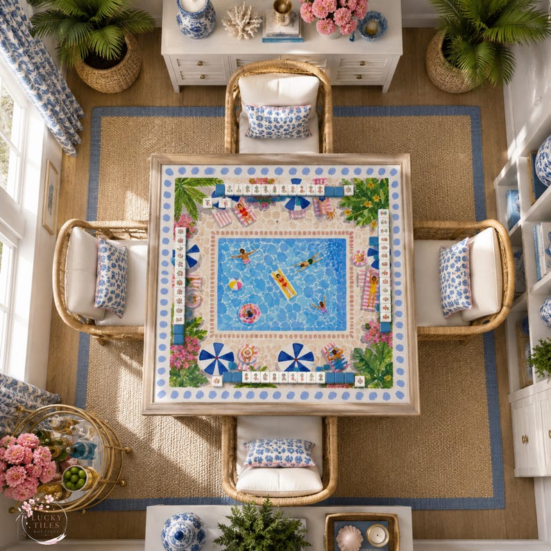 Sunny Poolside Resort Mahjong Mat, American Mahjong Mat, Palm Beach Pool Garden, Summer Swim Club Mahjong Gift
