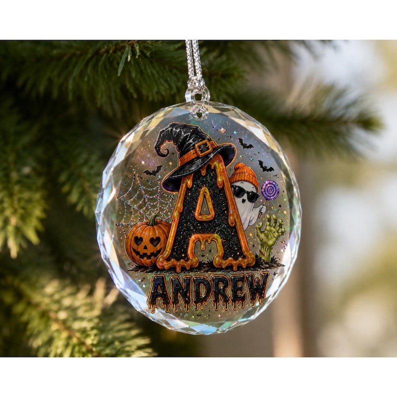 Personalized Halloween Acrylic Ornament, Ghost Pumpkin Witch Hat Glass Ornament, Custom Name Spooky Holiday Decor