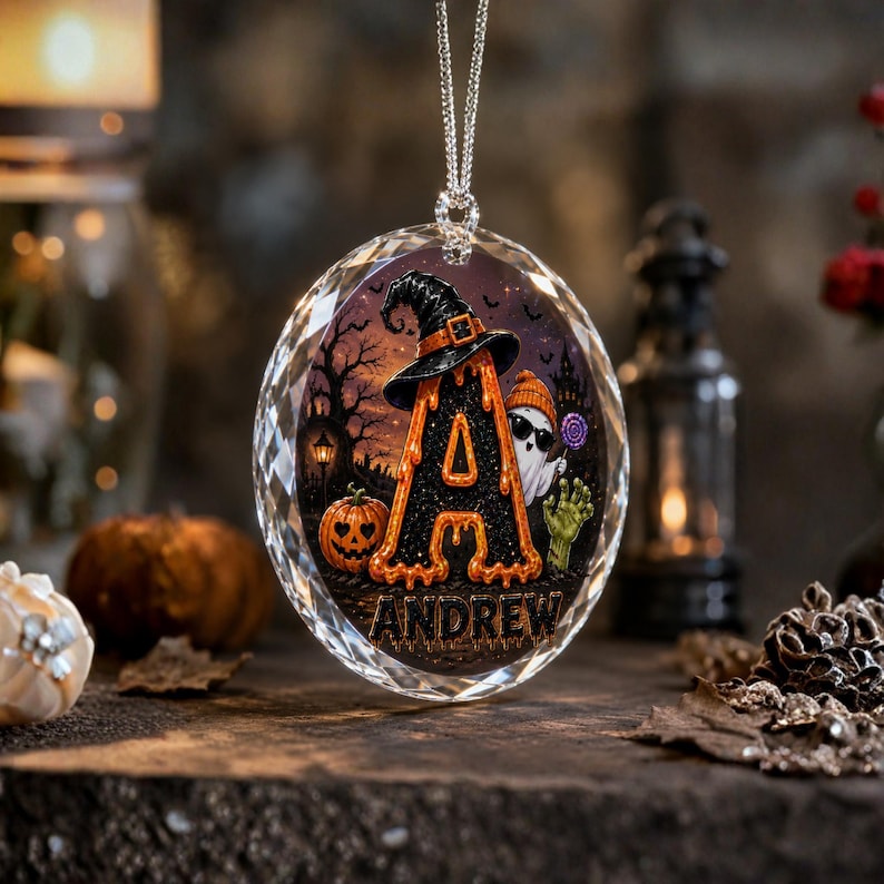 Personalized Halloween Acrylic Ornament, Ghost Pumpkin Witch Hat Glass Ornament, Custom Name Spooky Holiday Decor