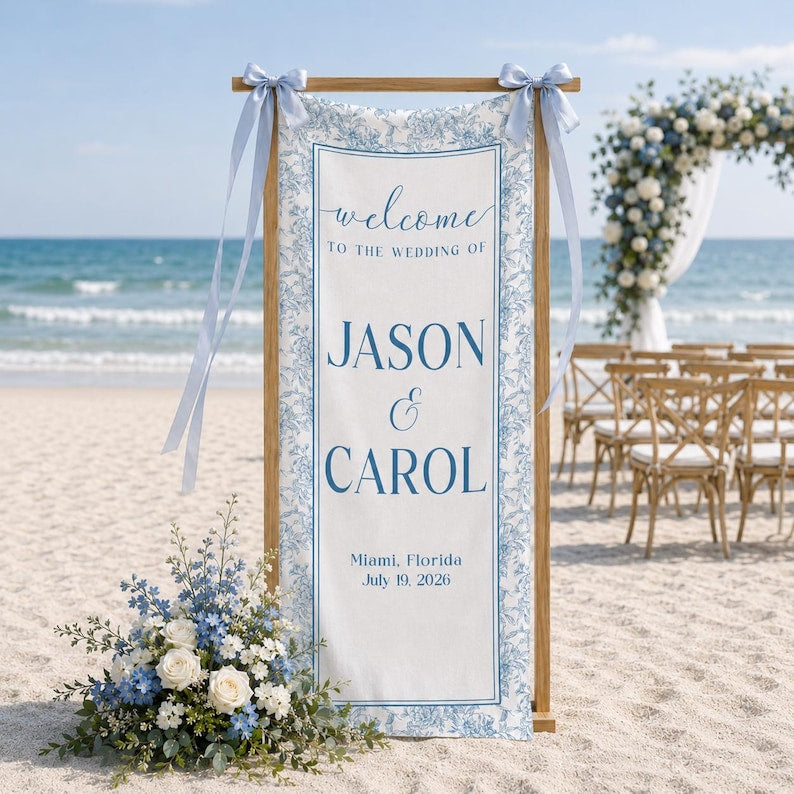 Personalized Wedding Welcome Sign, Toile Vertical Wedding Banner, Wedding Signage With Names