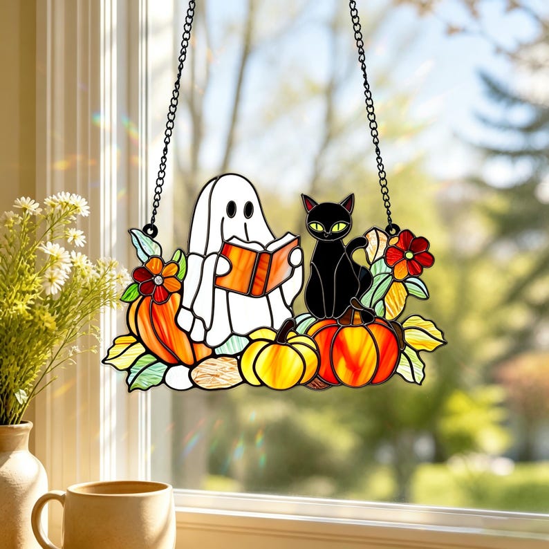 Ghost Black Cat Acrylic Suncatcher, Faux Window Hanging Decor, Reading Book Pumpkin Floral