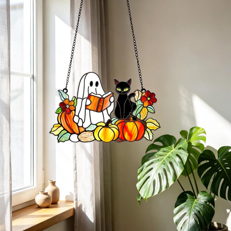Ghost Black Cat Acrylic Suncatcher, Faux Window Hanging Decor, Reading Book Pumpkin Floral