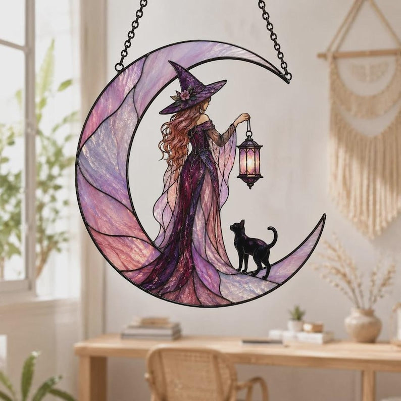 Acrylic Suncatcher Witch On Moon, Celestial Black Cat Window Hanging, Whimsical Witchy Room Decor