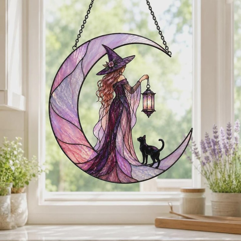 Acrylic Suncatcher Witch On Moon, Celestial Black Cat Window Hanging, Whimsical Witchy Room Decor