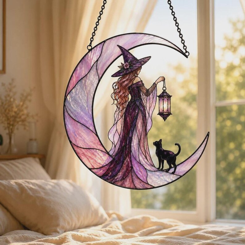 Acrylic Suncatcher Witch On Moon, Celestial Black Cat Window Hanging, Whimsical Witchy Room Decor