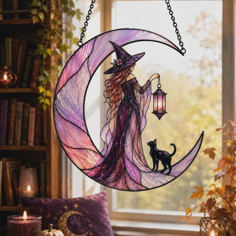 Acrylic Suncatcher Witch On Moon, Celestial Black Cat Window Hanging, Whimsical Witchy Room Decor
