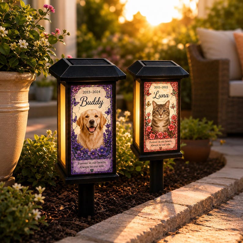 Personalized Pet Memorial Solar Light, Custom Dog Cat Photo Garden Stake, Stained Glass Style Remembrance Gift