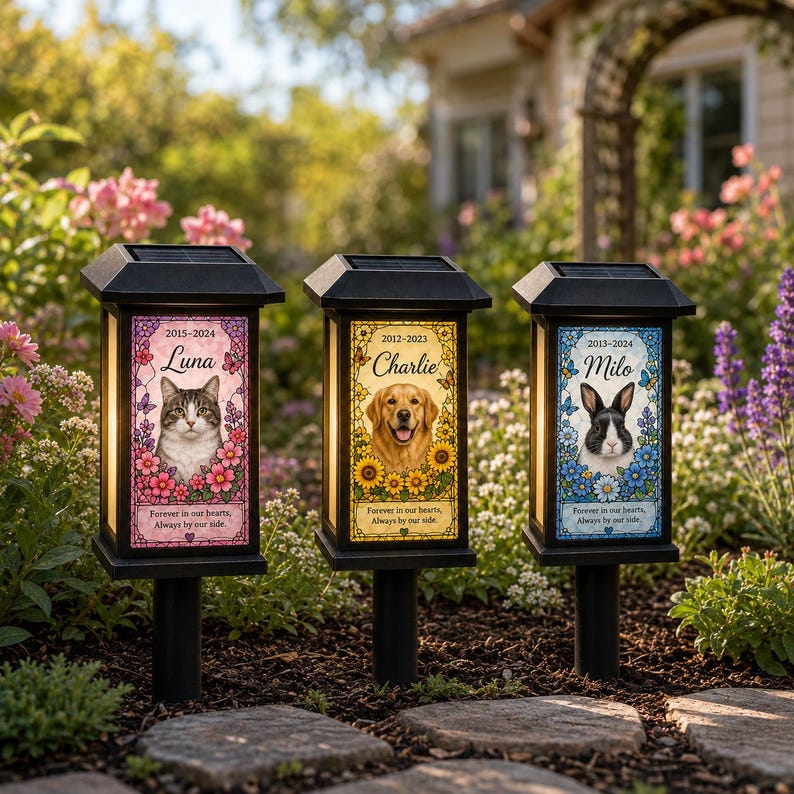 Personalized Pet Memorial Solar Light, Custom Dog Cat Photo Garden Stake, Stained Glass Style Remembrance Gift