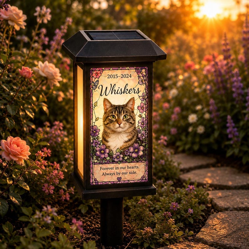 Personalized Pet Memorial Solar Light, Custom Dog Cat Photo Garden Stake, Stained Glass Style Remembrance Gift