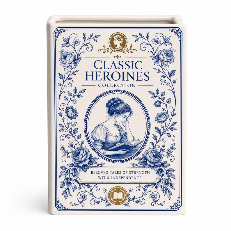 Classic Heroines Book Vase, Blue Toile Ceramic Vase, Jane Austen Inspired Decor, Literary Gift