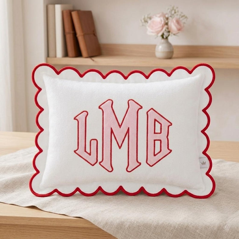 Personalized Embroidered Pillow Cover, Custom Name Cushion Cover, Monogram Scalloped Pillow, Kids Room Decor