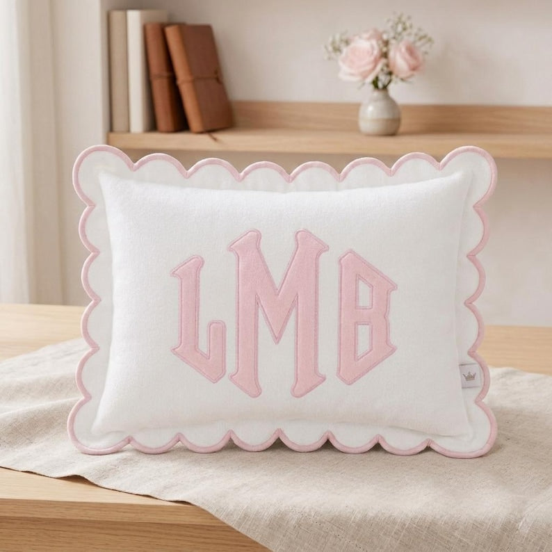 Personalized Embroidered Pillow Cover, Custom Name Cushion Cover, Monogram Scalloped Pillow, Kids Room Decor