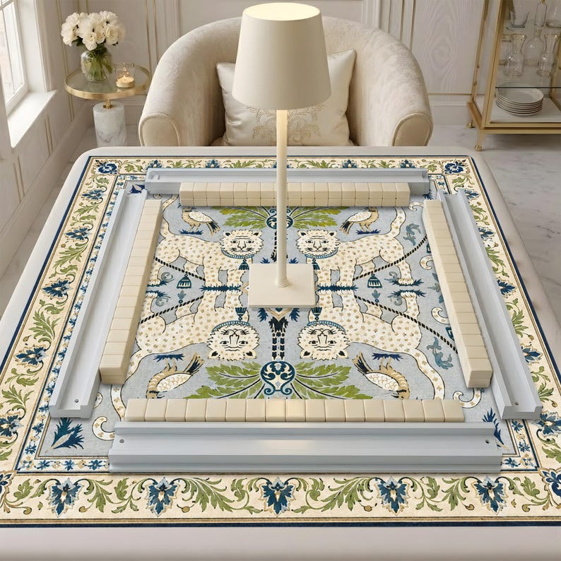 Chinoiserie Leopard Mahjong Mat, Jaguar Toile Mah Jongg Table Cover, Blue White Mahj Gift, Table Cover