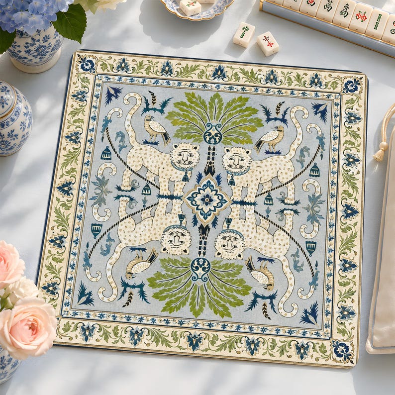Chinoiserie Leopard Mahjong Mat, Jaguar Toile Mah Jongg Table Cover, Blue White Mahj Gift, Table Cover