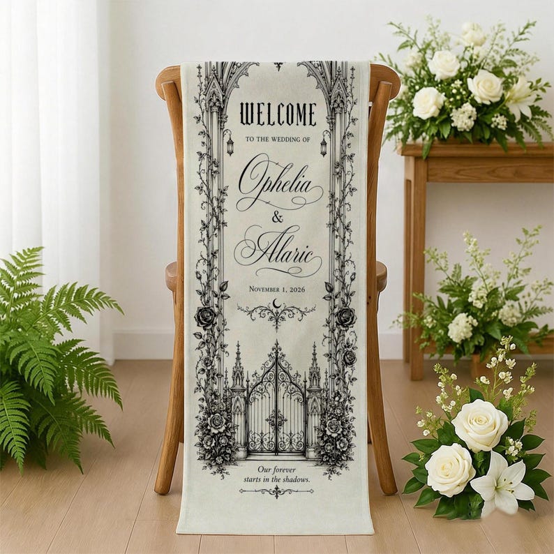 Personalized Gothic Wedding Tapestry, Custom Archway Welcome Sign