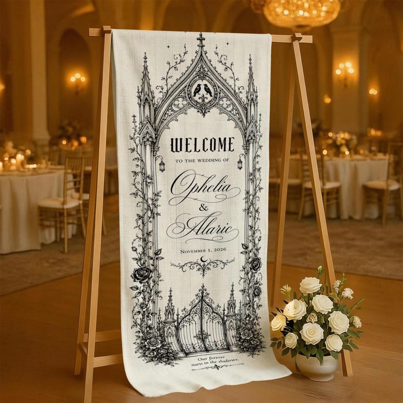 Personalized Gothic Wedding Tapestry, Custom Archway Welcome Sign