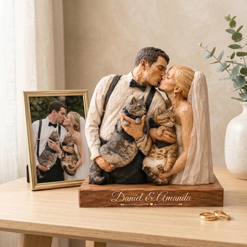 Personalized Wedding Photo Wooden Sign, Custom Couple Portrait With Pets, Bride Groom Keepsake