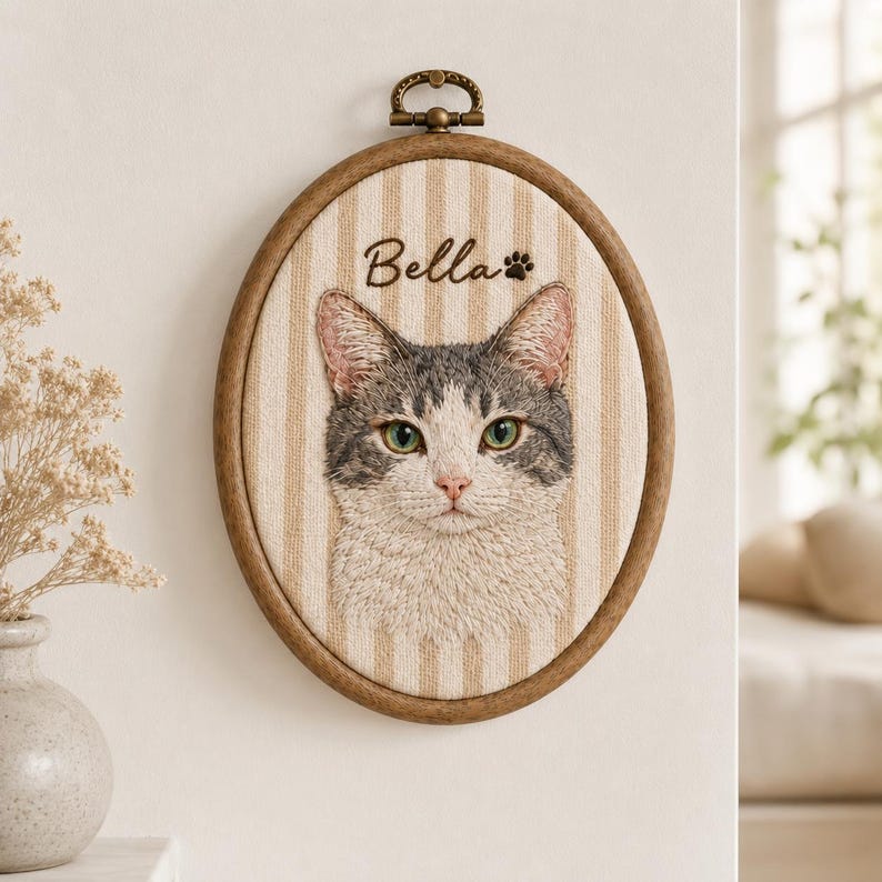 Personalized Pet Portrait Embroidery Hoop, Custom Dog Cat Memorial Gift, Embroidered Pet Portrait