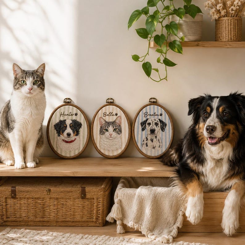 Personalized Pet Portrait Embroidery Hoop, Custom Dog Cat Memorial Gift, Embroidered Pet Portrait