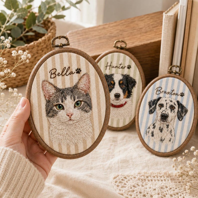 Personalized Pet Portrait Embroidery Hoop, Custom Dog Cat Memorial Gift, Embroidered Pet Portrait
