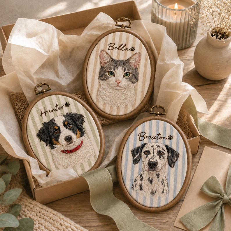 Personalized Pet Portrait Embroidery Hoop, Custom Dog Cat Memorial Gift, Embroidered Pet Portrait
