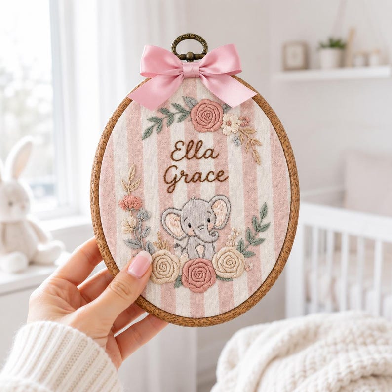 Personalized Striped Elephant Baby Name Hoop, Custom Embroidered Nursery Wall Decor, Floral Baby Name Sign
