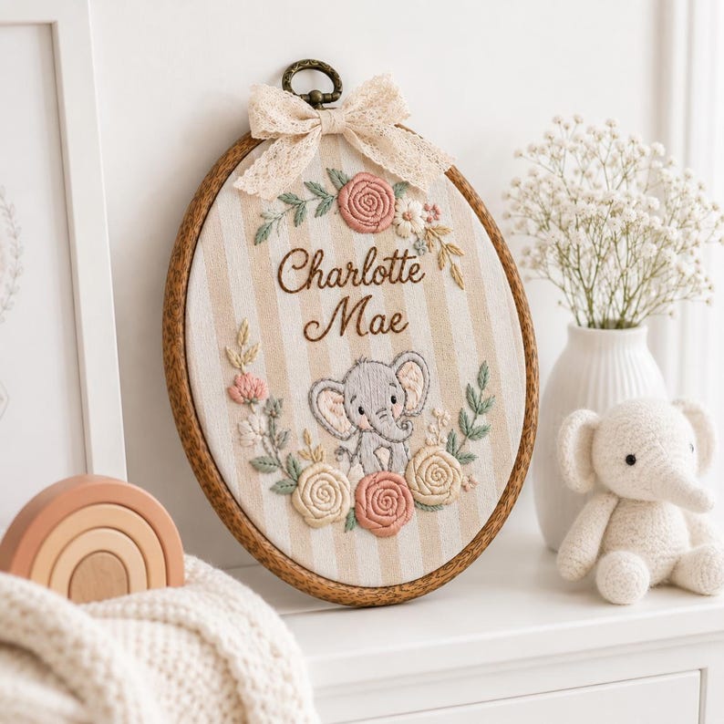 Personalized Striped Elephant Baby Name Hoop, Custom Embroidered Nursery Wall Decor, Floral Baby Name Sign