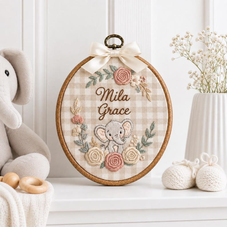 Personalized Striped Elephant Baby Name Hoop, Custom Embroidered Nursery Wall Decor, Floral Baby Name Sign