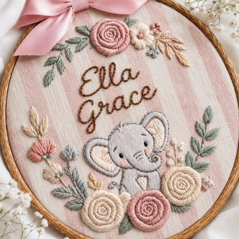 Personalized Striped Elephant Baby Name Hoop, Custom Embroidered Nursery Wall Decor, Floral Baby Name Sign