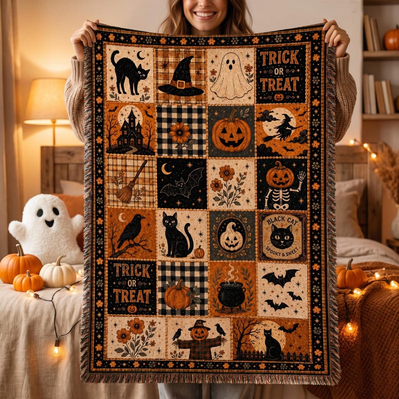 Halloween Woven Blanket, Black Cat Ghost Pumpkin Throw, Spooky Bedding Decor, Vintage Patchwork Blanket