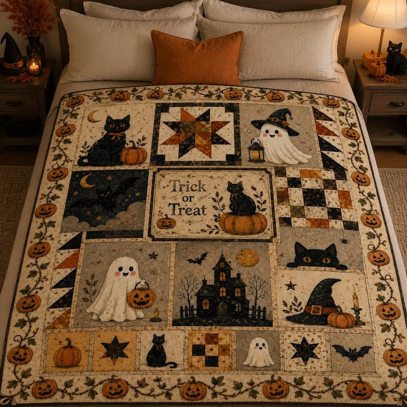 Halloween Quilt Pattern, Spooky Ghost Cat Pumpkin Quilt, Trick or Treat Quilt, Autumn Patchwork, Cozy Fall Decor