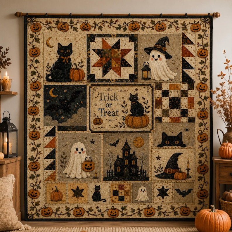 Halloween Quilt Pattern, Spooky Ghost Cat Pumpkin Quilt, Trick or Treat Quilt, Autumn Patchwork, Cozy Fall Decor