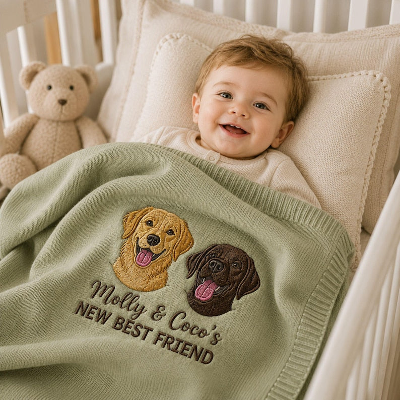 Custom Embroidered Dog Portrait Baby Blanket, Personalized Pet Photo Nursery Throw, New Best Friend Pet Pregnancy Gift