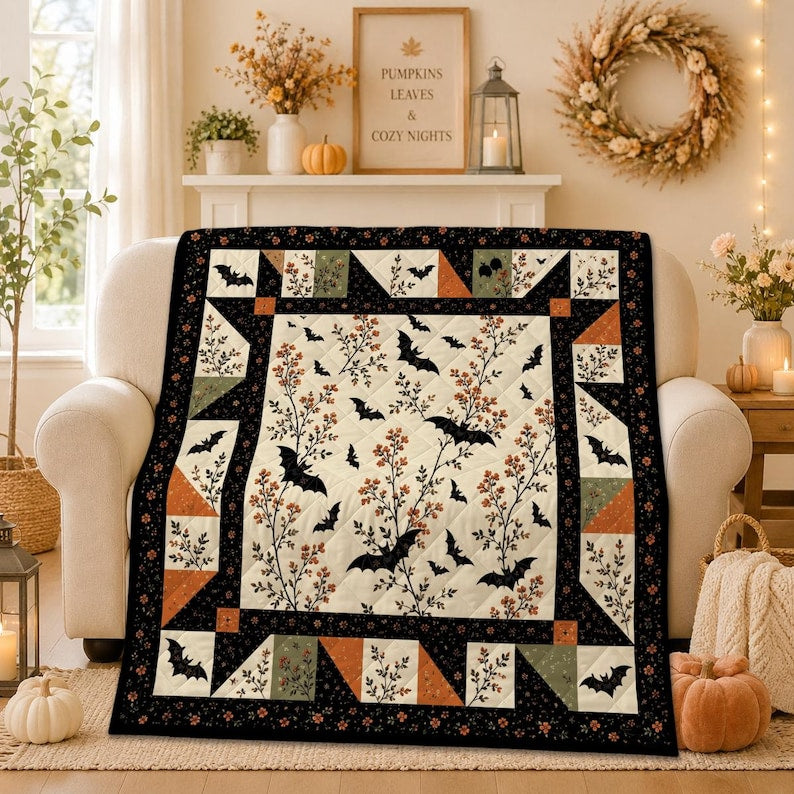 Halloween Bat Quilt Blanket: Vintage Flying Bats Patchwork Floral Cozy Autumn Bedding Throw