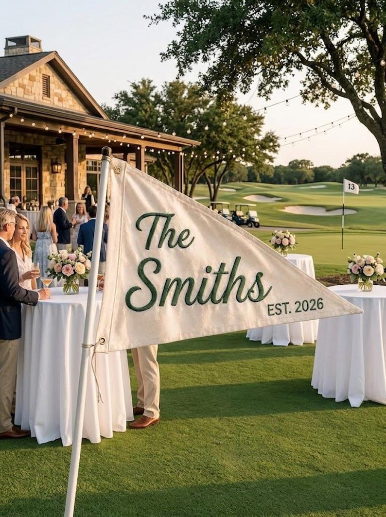 Personalized Golf Wedding Pennant, Custom Embroidered Last Name Flag, Vintage Wedding Banner