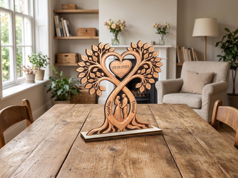 Personalized Couple Heart Tree Wooden Block, Custom Couple Name Sign, Anniversary Gift, Rustic Wedding Gifts