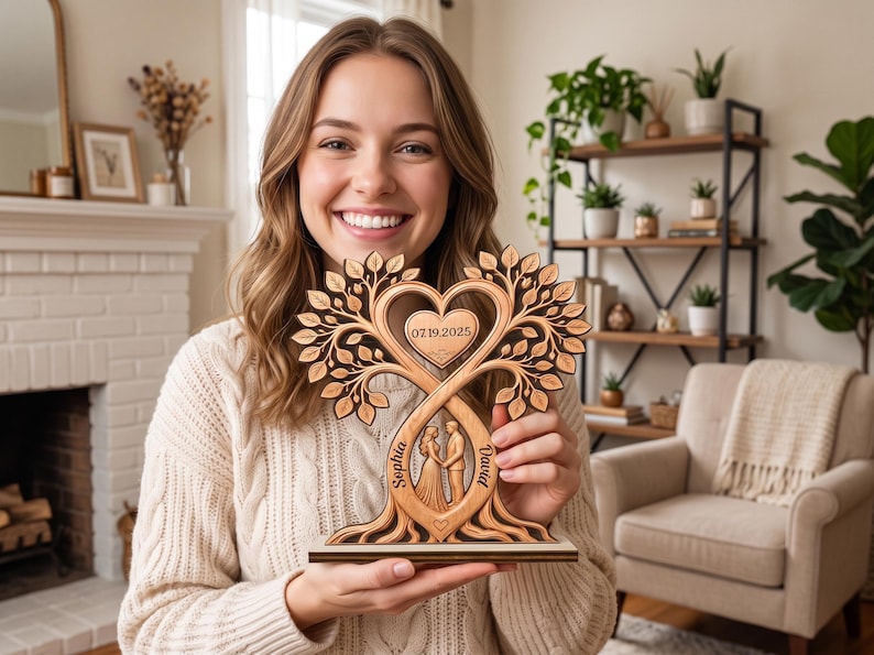 Personalized Couple Heart Tree Wooden Block, Custom Couple Name Sign, Anniversary Gift, Rustic Wedding Gifts