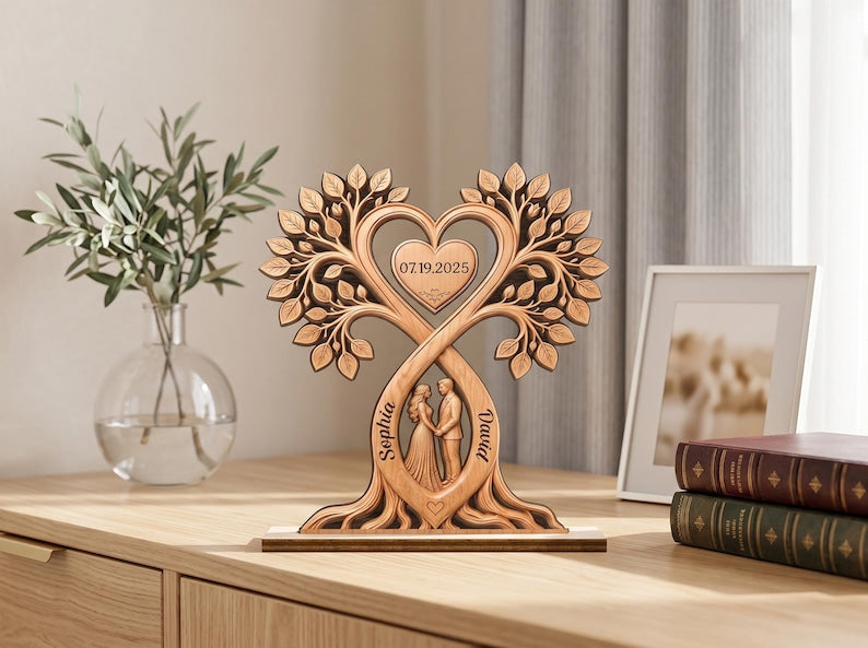 Personalized Couple Heart Tree Wooden Block, Custom Couple Name Sign, Anniversary Gift, Rustic Wedding Gifts