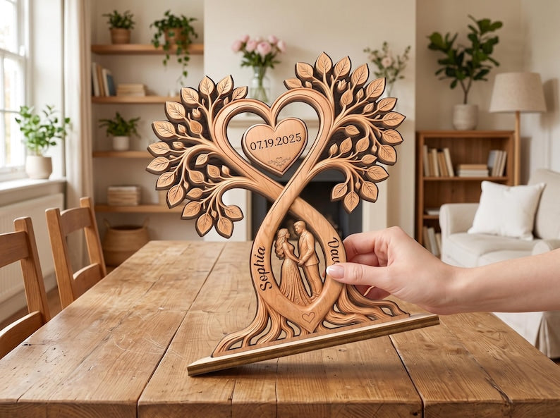 Personalized Couple Heart Tree Wooden Block, Custom Couple Name Sign, Anniversary Gift, Rustic Wedding Gifts