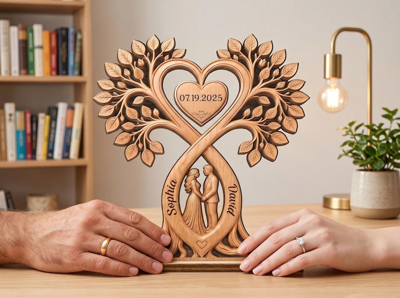 Personalized Couple Heart Tree Wooden Block, Custom Couple Name Sign, Anniversary Gift, Rustic Wedding Gifts