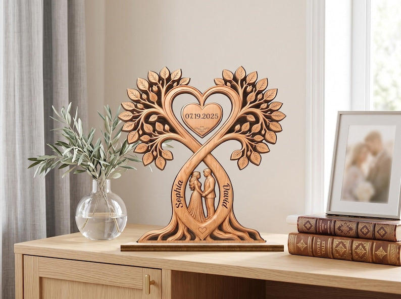 Personalized Couple Heart Tree Wooden Block, Custom Couple Name Sign, Anniversary Gift, Rustic Wedding Gifts