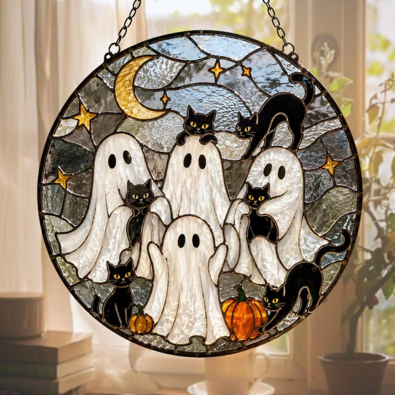 Ghost Black Cat Stained Glass Suncatcher, Spooky Halloween Window Hanging Panel, White Ghosts Suncatcher