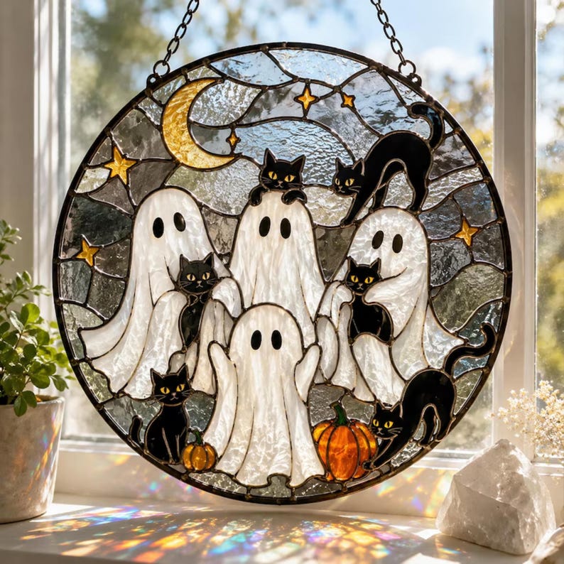 Ghost Black Cat Stained Glass Suncatcher, Spooky Halloween Window Hanging Panel, White Ghosts Suncatcher