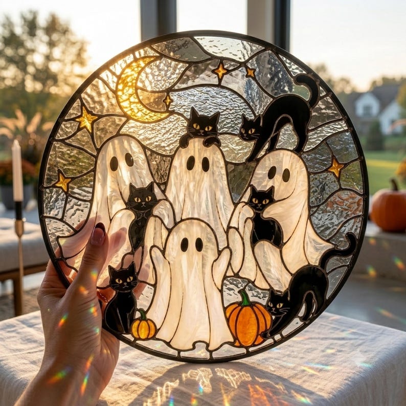 Ghost Black Cat Stained Glass Suncatcher, Spooky Halloween Window Hanging Panel, White Ghosts Suncatcher