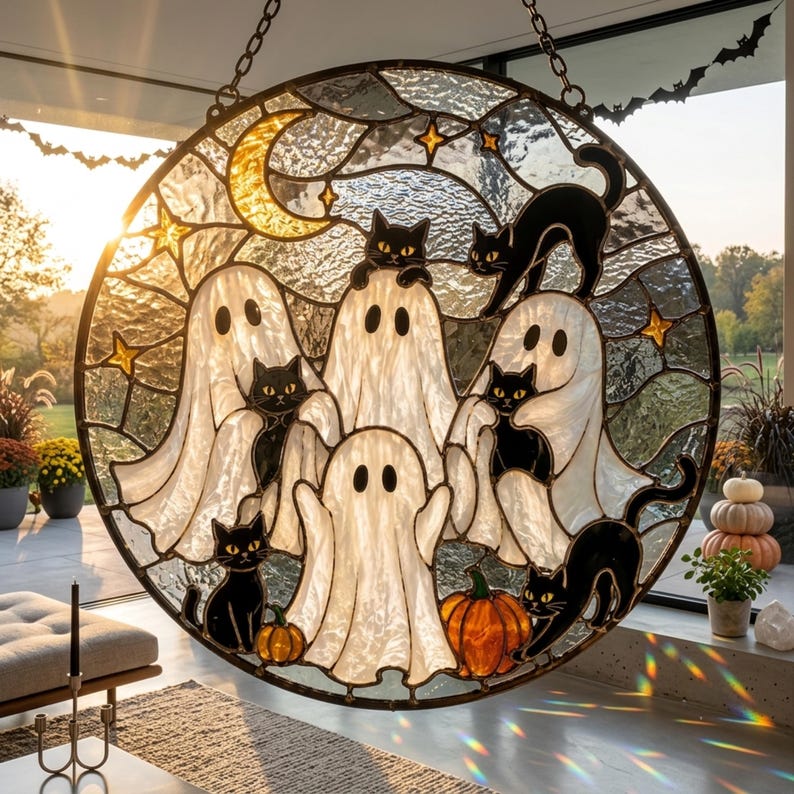 Ghost Black Cat Stained Glass Suncatcher, Spooky Halloween Window Hanging Panel, White Ghosts Suncatcher