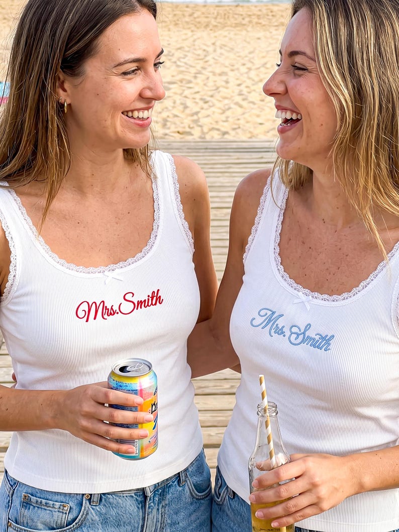 Personalized Embroidered Lace Tank Top, Bridal Camisole, Bridesmaid Gifts, New Mrs. Tank, Bachelorette Party Favors